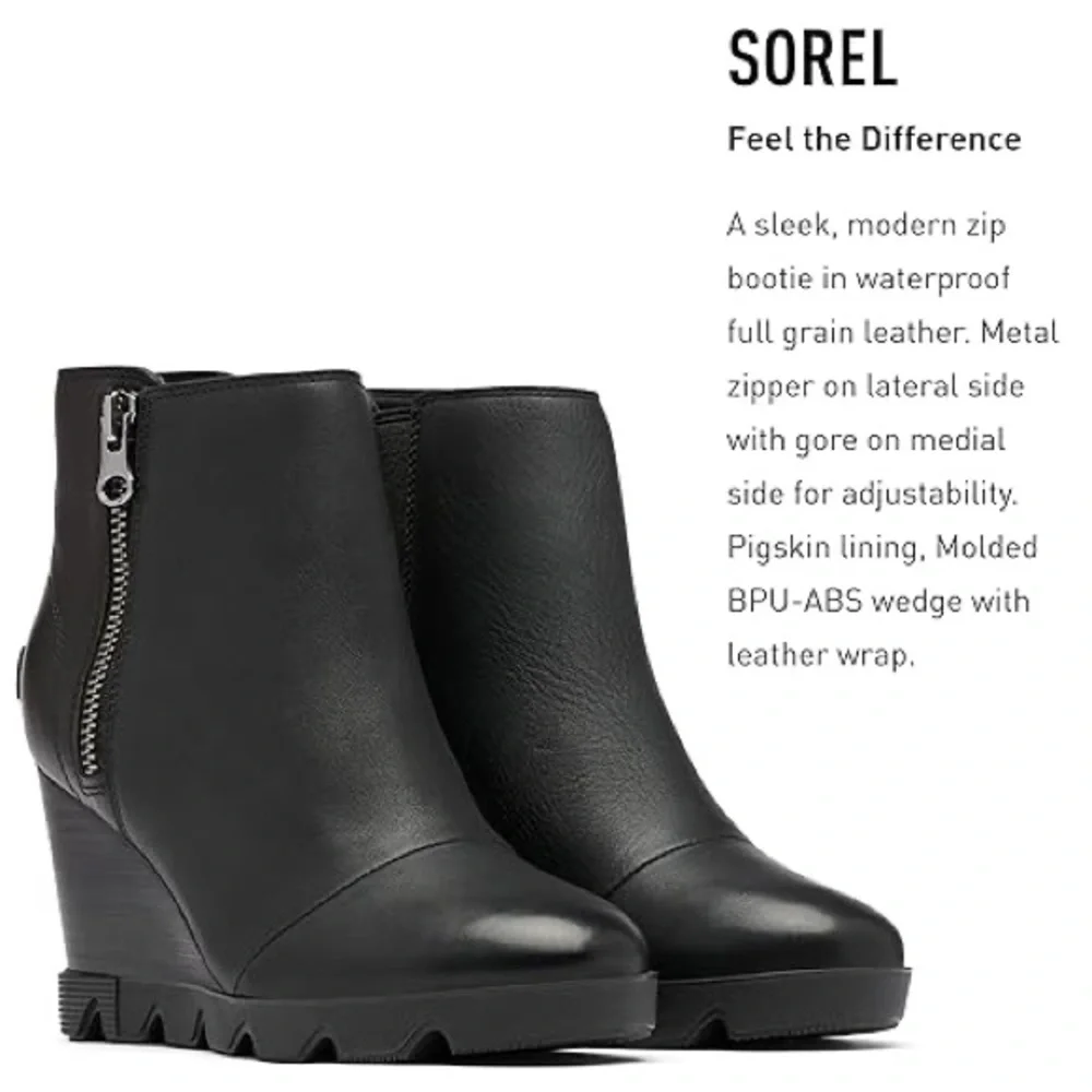 Sorel Joan Uptown Waterproof Leather Wedge Zip Bootie in Black, Size 8.5 - Picture 1 of 14